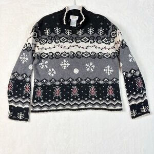 Vtg Talbots Hand Knit Sweater Women Medium Cotton Linen Ramie‎ Winter Snowflake